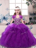 Simple Floor Length Purple Little Girls Pageant Dress Tulle Sleeveless Beading and Ruffles