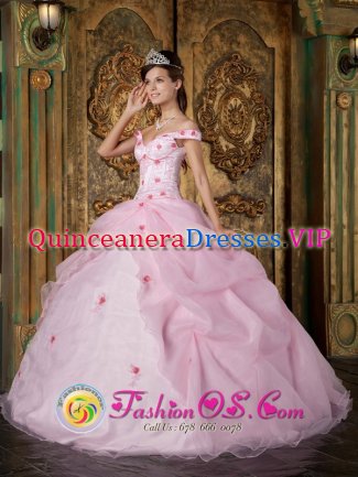 Romantic Pink Off The Shoulder Organza Quinceanera Dress With Colorful Flowers In Baldwin City Kansas/KS