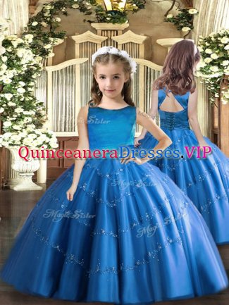 Blue Scoop Lace Up Beading Glitz Pageant Dress Sleeveless