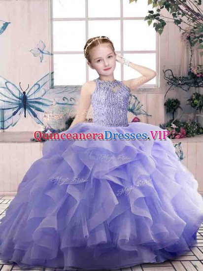 Scoop Sleeveless Little Girls Pageant Gowns Floor Length Beading and Ruffles Lavender Organza - Click Image to Close