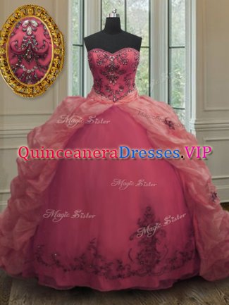 Pink Ball Gowns Organza Sweetheart Sleeveless Beading and Appliques and Pick Ups With Train Lace Up Quinceanera Dresses Court Train