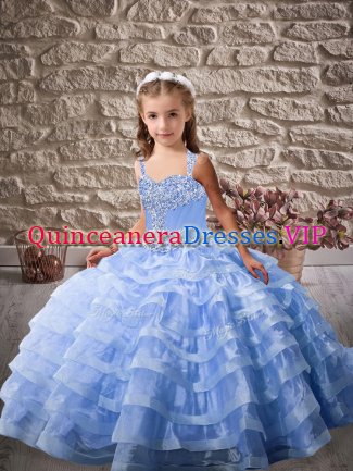 Trendy Organza Straps Sleeveless Brush Train Lace Up Beading and Ruffled Layers Little Girl Pageant Dress in Blue