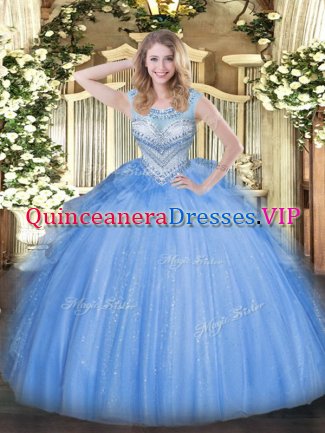 New Arrival Tulle Scoop Sleeveless Lace Up Beading Sweet 16 Dresses in Blue