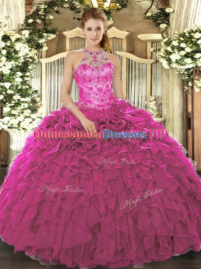 Popular Sleeveless Floor Length Beading and Ruffles Lace Up 15 Quinceanera Dress with Fuchsia - Click Image to Close