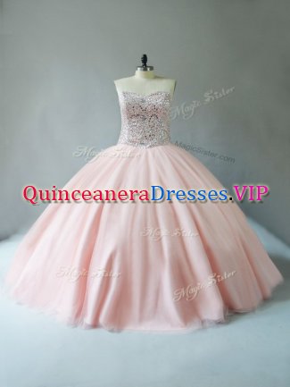 Latest Floor Length Lace Up Quince Ball Gowns Peach for Sweet 16 and Quinceanera with Beading