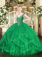 Graceful Green Tulle Lace Up V-neck Sleeveless Floor Length Sweet 16 Dresses Beading and Ruffles