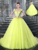 Ideal Yellow Straps Lace Up Beading and Appliques Sweet 16 Quinceanera Dress Brush Train Sleeveless