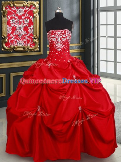 Floor Length Red Quinceanera Gown Taffeta Sleeveless Beading and Pick Ups - Click Image to Close