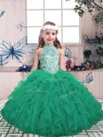 Custom Design High-neck Sleeveless Tulle Pageant Dress Wholesale Beading and Ruffles Lace Up