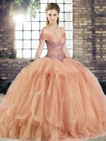 Captivating Peach Off The Shoulder Lace Up Beading and Ruffles Quinceanera Gown Sleeveless