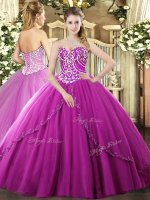 Sweetheart Sleeveless Quince Ball Gowns Brush Train Beading Fuchsia Tulle