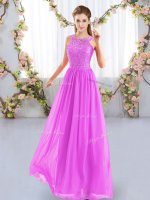 Beautiful Fuchsia Empire Scoop Sleeveless Chiffon Floor Length Zipper Lace Dama Dress for Quinceanera