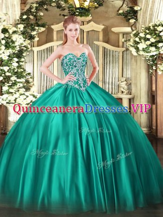 Beading 15 Quinceanera Dress Turquoise Lace Up Sleeveless Floor Length