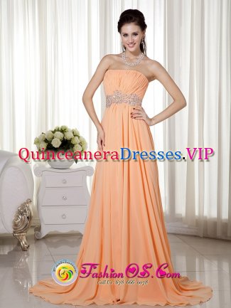 Lahaina Hawaii/HI Elegant Orange Red Empire Strapless Brush Train Chiffon Beading and Ruch Quinceanera Dama Dress