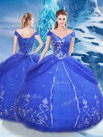 Dynamic Blue Tulle Lace Up V-neck Short Sleeves Floor Length Ball Gown Prom Dress Appliques(SKU PSSW0701MTBIZ)