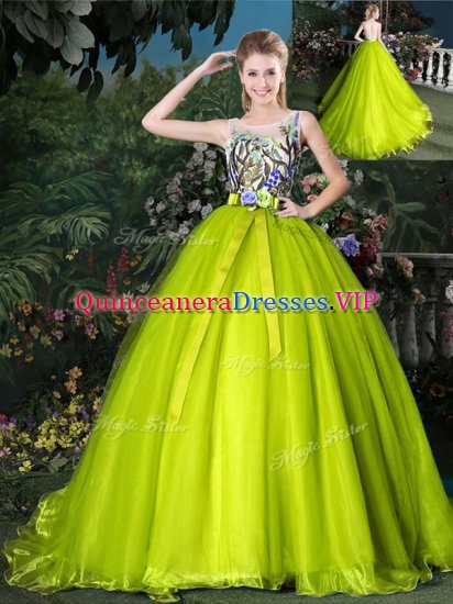 Flirting Scoop Yellow Green Sleeveless Organza Court Train Lace Up Quince Ball Gowns for Prom and Sweet 16 and Quinceanera - Click Image to Close