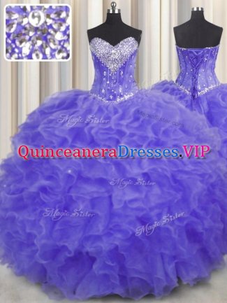 Sleeveless Floor Length Beading and Ruffles Lace Up Quinceanera Dress with Lavender