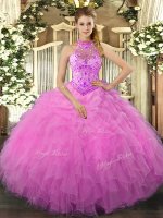 Customized Sleeveless Floor Length Beading and Ruffles Lace Up Sweet 16 Quinceanera Dress with Rose Pink