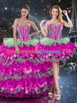 Multi-color Ball Gowns Beading and Ruffles and Ruffled Layers Ball Gown Prom Dress Lace Up Organza Sleeveless Floor Length