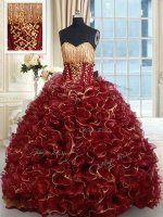 Custom Made Burgundy Sleeveless Organza Brush Train Lace Up 15 Quinceanera Dress for Military Ball and Sweet 16 and Quinceanera