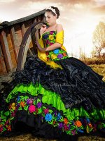 Amazing Sleeveless Floor Length Embroidery and Ruffles Lace Up Quinceanera Gowns with Black(SKU XBQD028BIZ)