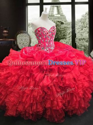 Sweetheart Sleeveless Lace Up Quinceanera Dresses Red Organza