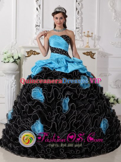 Laval Quebec/ QC Beaded Decorate and Hand Made Flowers Customize Black and Aque Blue Ruffles Quinceanera Gowns - Click Image to Close