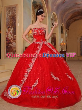 Chester Cheshire Appliques Decorate Bodice Red Ball Gown Floor-length Sweetheart Quinceanera Dress For