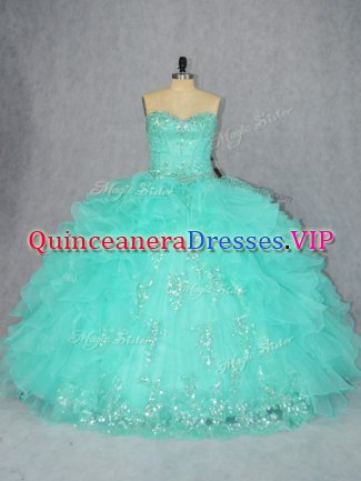 Floor Length Aqua Blue Quinceanera Gowns Organza Sleeveless Beading and Appliques