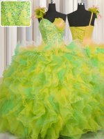 Handcrafted Flower Multi-color One Shoulder Lace Up Beading and Ruffles and Hand Made Flower Sweet 16 Quinceanera Dress Sleeveless