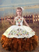 Rust Red Sleeveless Floor Length Embroidery and Ruffles Lace Up Little Girls Pageant Dress Wholesale