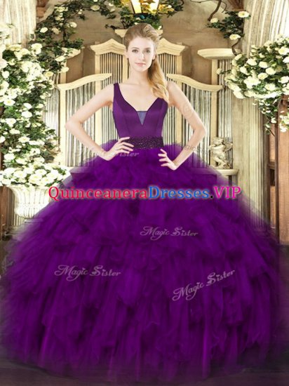 Cute Purple Straps Neckline Beading and Ruffles 15th Birthday Dress Sleeveless Zipper - Click Image to Close