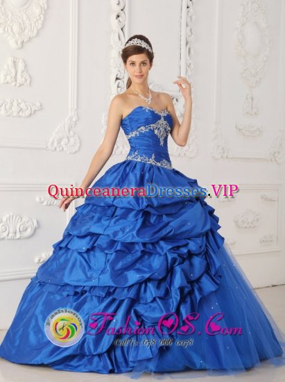 Crich Derbyshire A-Line Princess Sapphire Blue Appliques and Beading Decorate Gorgeous Quinceanera Dress With Sweetheart Taffeta and Tulle - Click Image to Close