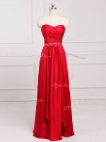 Fine Sleeveless Taffeta Floor Length Zipper Dama Dress in Red with Beading and Belt