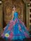 Kesgrave East Anglia Remarkable Sky Blue and Watermelon Red Lace Up Beading and Ruffles Decorate Bodice For Quinceanera Dress Strapless Organza Ball Gown