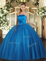 Sleeveless Tulle Floor Length Lace Up Sweet 16 Quinceanera Dress in Baby Blue with Ruching