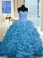 Glorious Sleeveless Beading and Pick Ups Lace Up 15 Quinceanera Dress with Blue Sweep Train