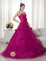 Liberty Hill TX Remarkable Brush Train and Hand Made Flowers Quinceanera Dress With Fuchsia Sweetheart