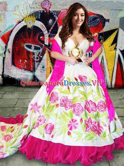 Sweet Sleeveless Brush Train Embroidery Lace Up Sweet 16 Quinceanera Dress - Click Image to Close