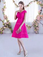 Hot Pink V-neck Neckline Lace Dama Dress Cap Sleeves Lace Up(SKU BMT0391-11BIZ)