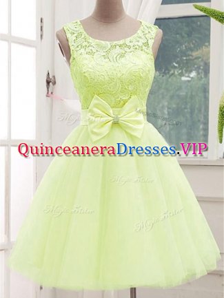 A-line Damas Dress Yellow Green Scoop Tulle Sleeveless Knee Length Lace Up