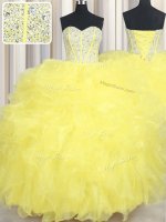 Yellow Organza Lace Up Sweetheart Sleeveless Floor Length Quince Ball Gowns Beading and Ruffles