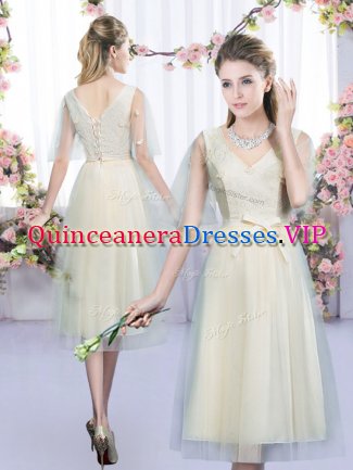 Eye-catching Tulle V-neck Sleeveless Lace Up Lace and Bowknot Dama Dress for Quinceanera in Champagne