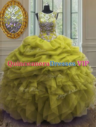 Scoop Sleeveless Organza Floor Length Lace Up Quinceanera Dress in Yellow Green with Beading and Ruffles and Pick Ups