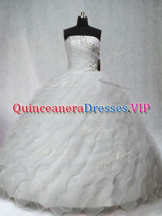 White Organza Lace Up Strapless Sleeveless Quinceanera Gown Brush Train Beading and Ruching