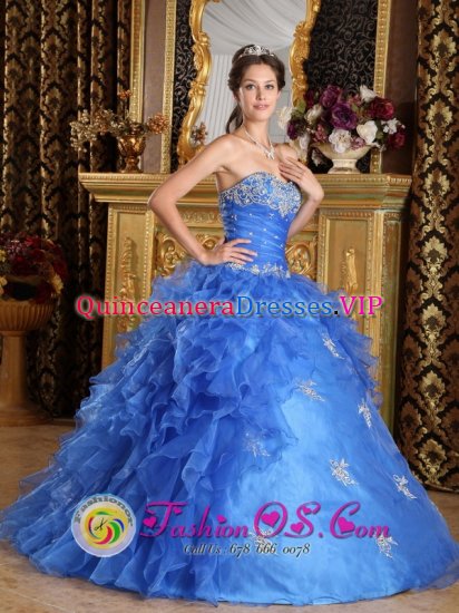 Athens Ohio/OH Classical Strapless Blue Sweetheart Organza Quinceanera Dress With Ruffles Decorate In New York - Click Image to Close