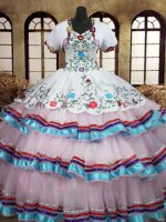 Eye-catching Straps Sleeveless Lace Up Floor Length Embroidery and Ruffled Layers Sweet 16 Quinceanera Dress