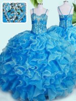 Adorable Baby Blue Lace Up Spaghetti Straps Beading and Ruffles 15 Quinceanera Dress Organza Sleeveless(SKU PSSW0403-2BIZ)