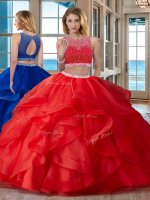 Stunning Scoop Floor Length Red Sweet 16 Dresses Organza Sleeveless Beading