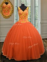 Orange Red Ball Gowns Tulle V-neck Sleeveless Beading Floor Length Zipper Ball Gown Prom Dress